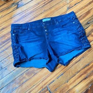 Torrid Denim Shorts with Laced Sides Button Fly Dark Wash Size 24